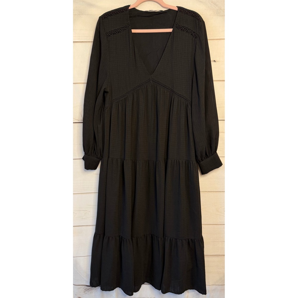 Zara Black Dobby Textured Midi Dress V-Neck Crochet Trim Tiered Small